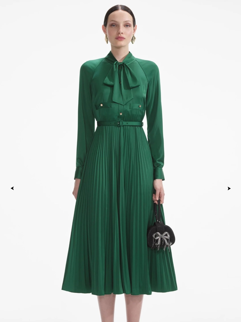SELF-PORTRAIT Elegant Green Pleated Long-Sleeve Midi Dress with Tie Neck